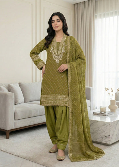 Pakistani Designer Olive Green Chiffon Salwar Kameez Online in KSA Riyadh Saudi Arabia Oman Bahrain Qatar