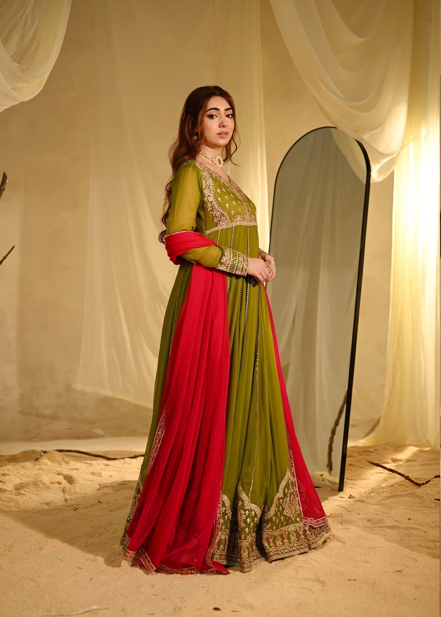Pakistani Designer Olive Green Chiffon Salwar Kameez Online in KSA Riyadh Saudi Arabia Oman Bahrain Qatar