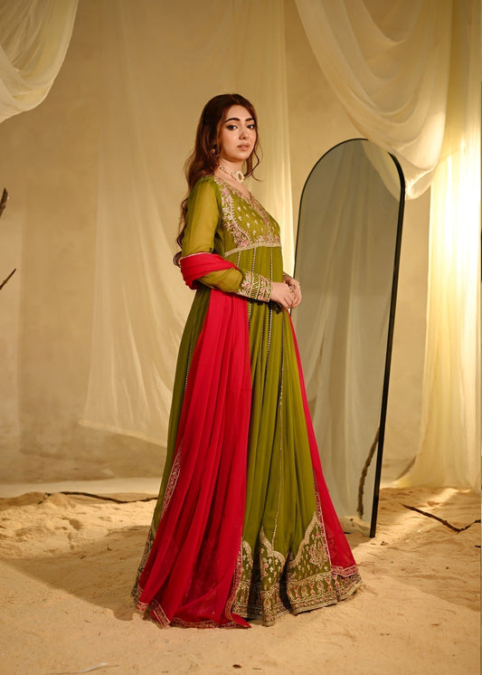 Pakistani Designer Olive Green Chiffon Salwar Kameez Online in KSA Riyadh Saudi Arabia Oman Bahrain Qatar