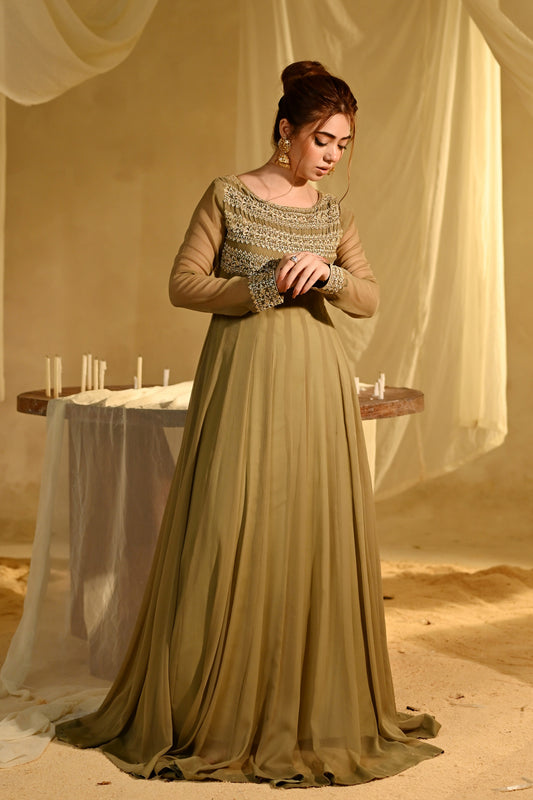 Pakistani Designer Olive Green Chiffon Salwar Kameez Online in KSA Riyadh Saudi Arabia Oman Bahrain Qatar