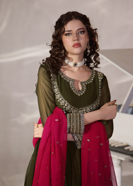 Pakistani Designer Olive Green Embroidered Chiffon Salwar Kameez Online in KSA Riyadh Saudi Arabia Oman Bahrain Qatar
