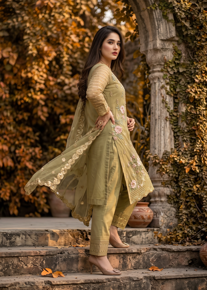 Pakistani Designer Olive Green Embroidered Suit Online in Sri Lanka India Australia