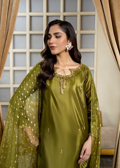 Pakistani Designer Olive Green Farshi Shalwar Suit Online in KSA Riyadh Saudi Arabia Oman Bahrain Qatar