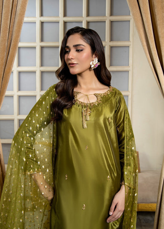 Pakistani Designer Olive Green Farshi Shalwar Suit Online in KSA Riyadh Saudi Arabia Oman Bahrain Qatar
