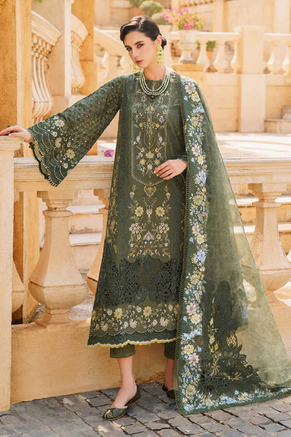 Pakistani Designer Olive Green Lawn Chikankari Dress Material Online in KSA Riyadh Saudi Arabia Oman Bahrain Qatar