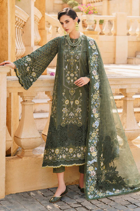 Pakistani Designer Olive Green Lawn Chikankari Dress Material Online in KSA Riyadh Saudi Arabia Oman Bahrain Qatar