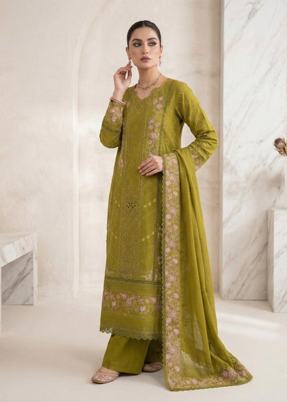 Pakistani Designer Olive Green Lawn Salwar Kameez Online in KSA Riyadh Saudi Arabia Oman Bahrain Qatar