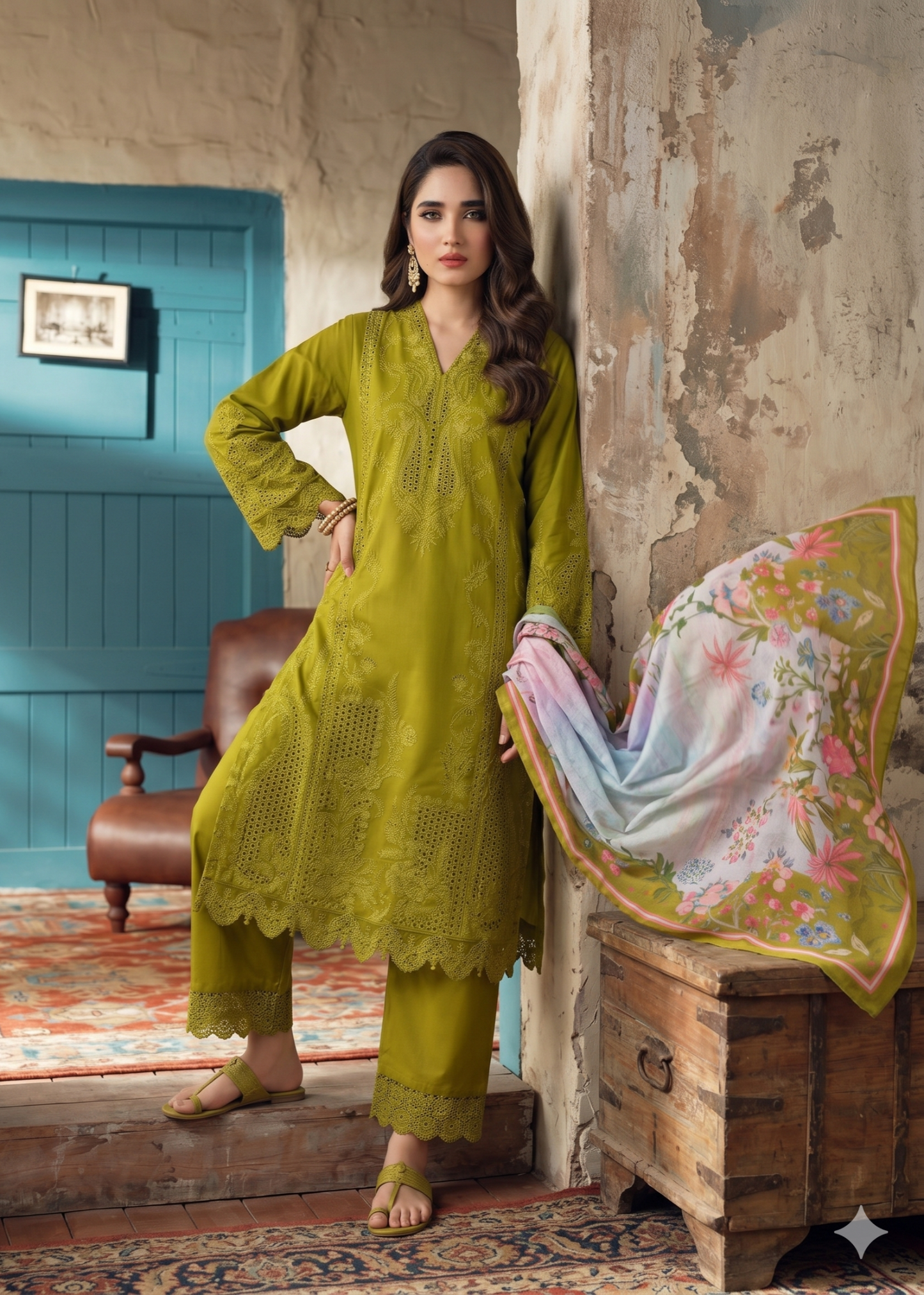 Pakistani Designer Olive Green Lawn Suit Online in KSA Riyadh Saudi Arabia Oman Bahrain Qatar