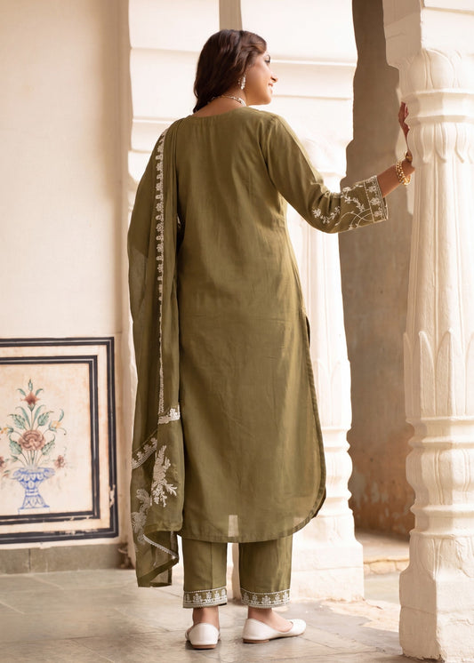 Pakistani Designer Olive Green Lawn Suit Online in KSA Riyadh Saudi Arabia Oman Bahrain Qatar