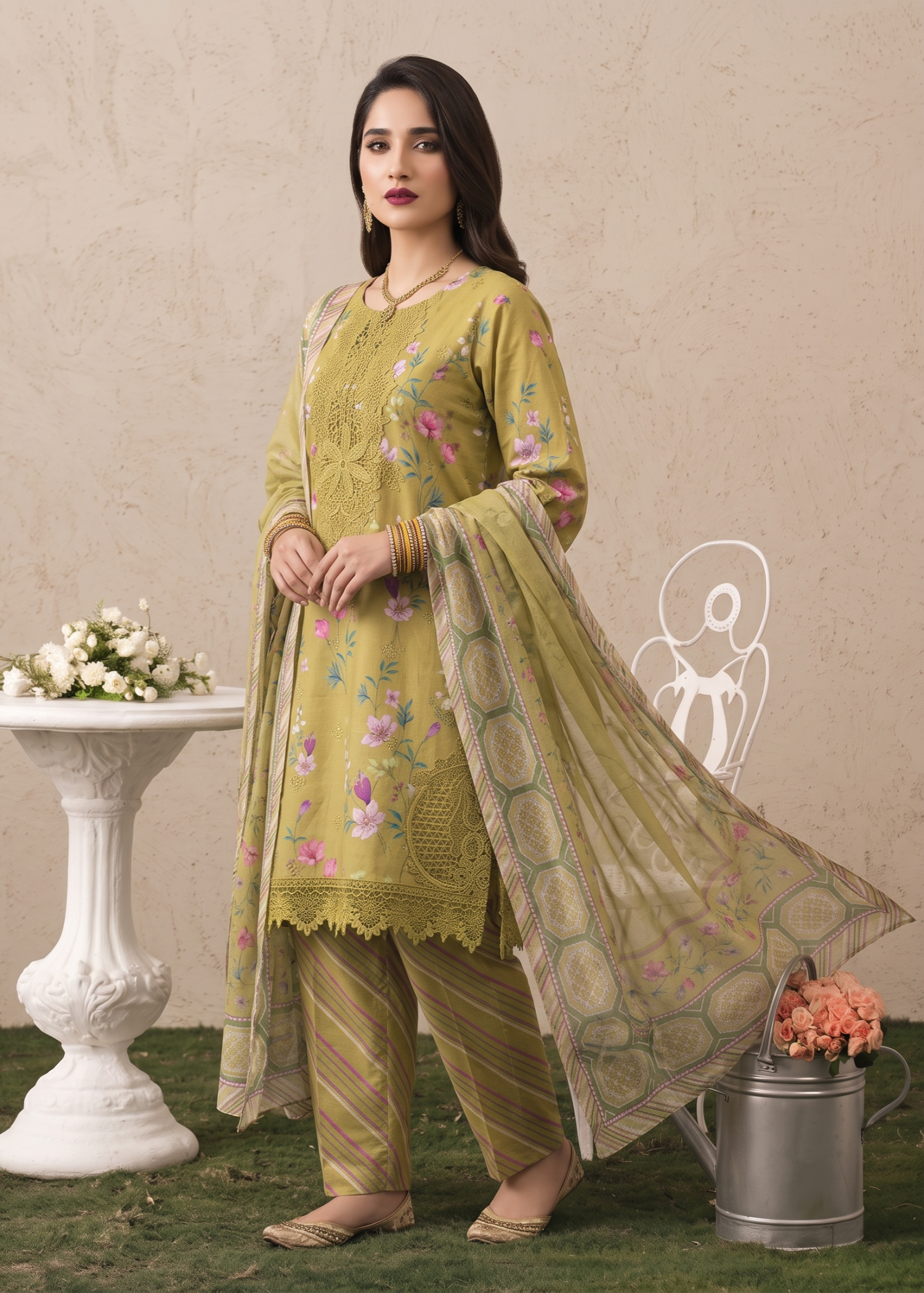 Pakistani Designer Olive Green Lawn Suit Online in KSA Riyadh Saudi Arabia Oman Bahrain Qatar