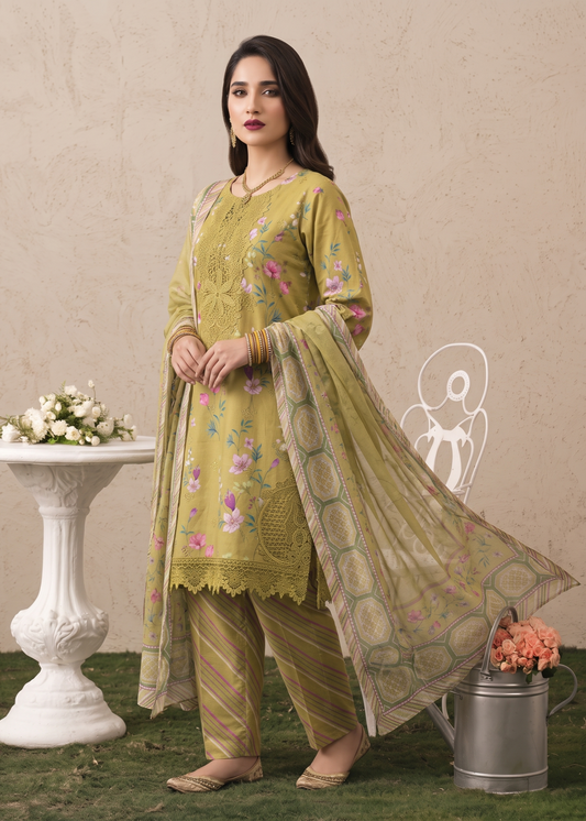 Pakistani Designer Olive Green Lawn Suit Online in KSA Riyadh Saudi Arabia Oman Bahrain Qatar