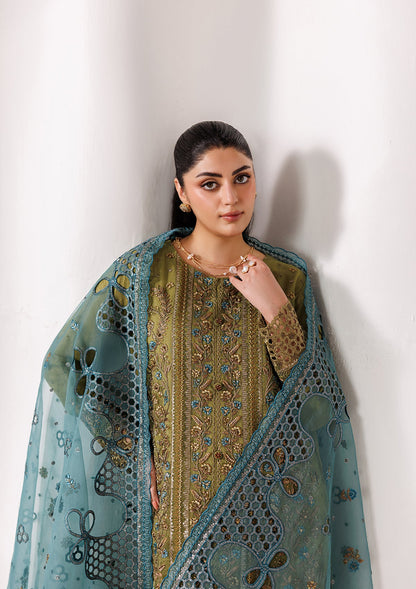 Pakistani Designer Olive Green Organza Salwar Kameez Online in KSA Riyadh Saudi Arabia Oman Bahrain Qatar