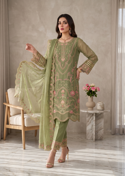 Pakistani Designer Olive Green Organza Salwar Kameez Online in KSA Riyadh Saudi Arabia Oman Bahrain Qatar