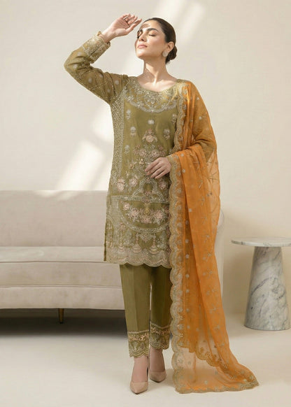 Pakistani Designer Olive Green Organza Suit Online in KSA Riyadh Saudi Arabia Oman Bahrain Qatar