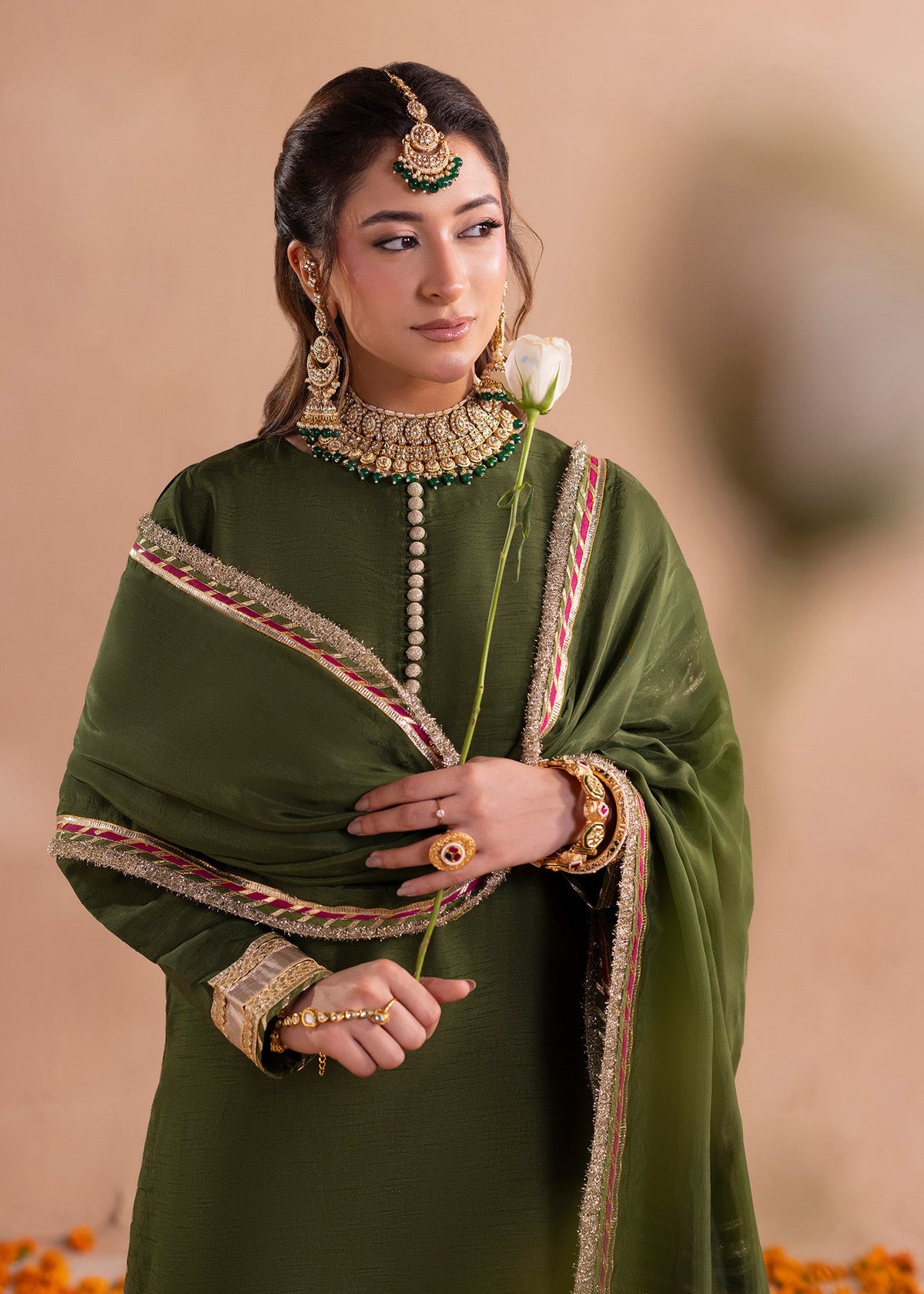 Pakistani Designer Olive Green Raw Silk Sharara Gharara Online in KSA Riyadh Saudi Arabia Oman Bahrain Qatar