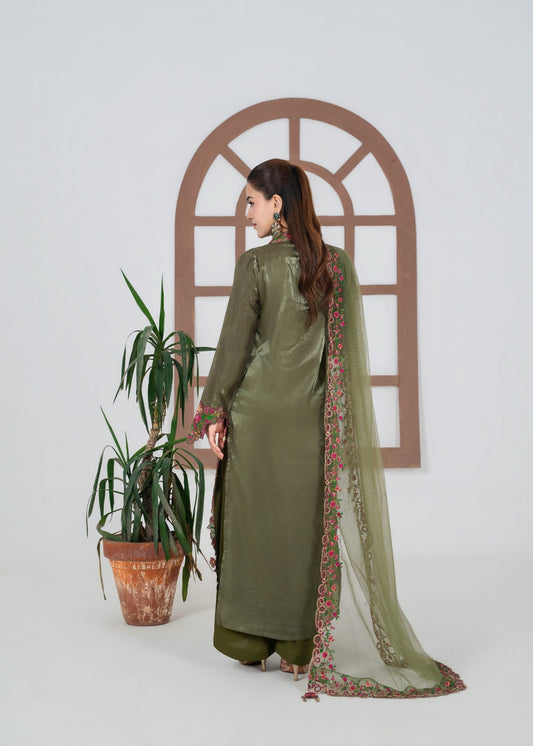 Pakistani Designer Olive Green Silk Suit Online in KSA Riyadh Saudi Arabia Oman Bahrain Qatar