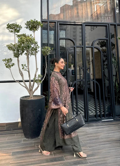Pakistani Designer Olive Raw Silk 3 Piece Salwar Kameez Online in KSA Riyadh Saudi Arabia Oman Bahrain Qatar