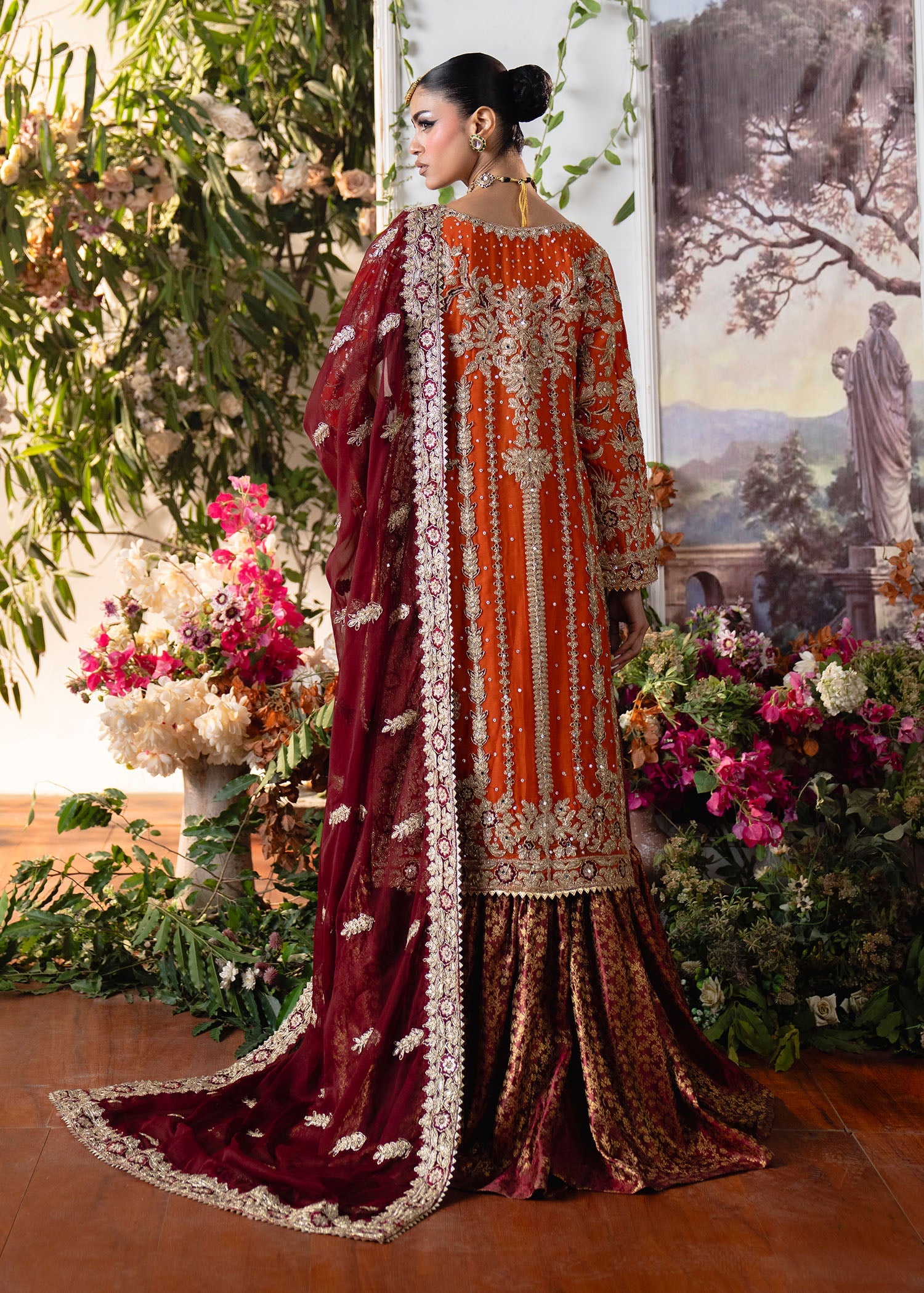 Pakistani Designer Orange Banarasi Gharara Suit Online in Sri Lanka India Australia