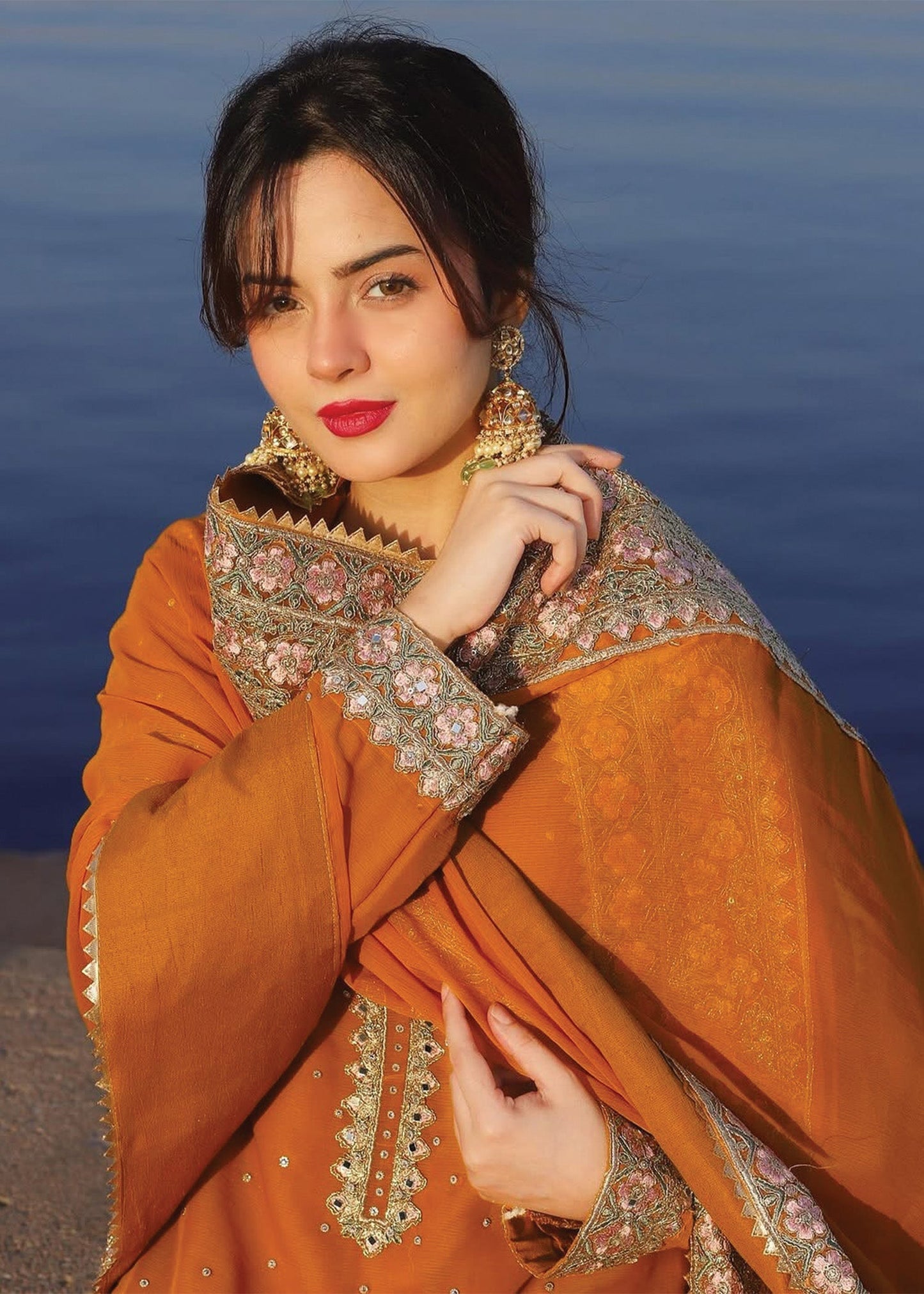 Pakistani Designer Orange Chiffon Salwar Kameez Online in KSA Riyadh Saudi Arabia Oman Bahrain Qatar