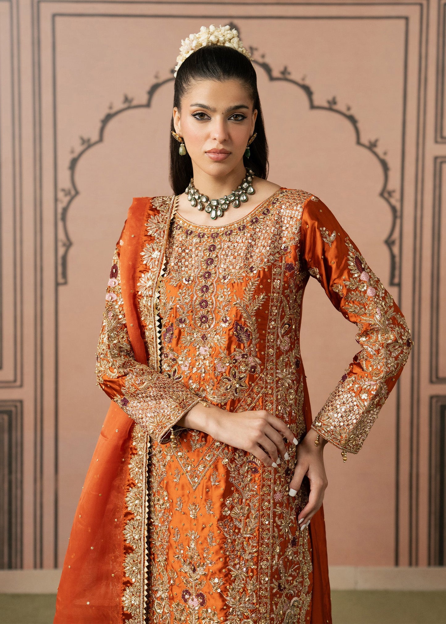 Pakistani Designer Orange Embroidered Shalwar Kameez Online in KSA Riyadh Saudi Arabia Oman Bahrain Qatar