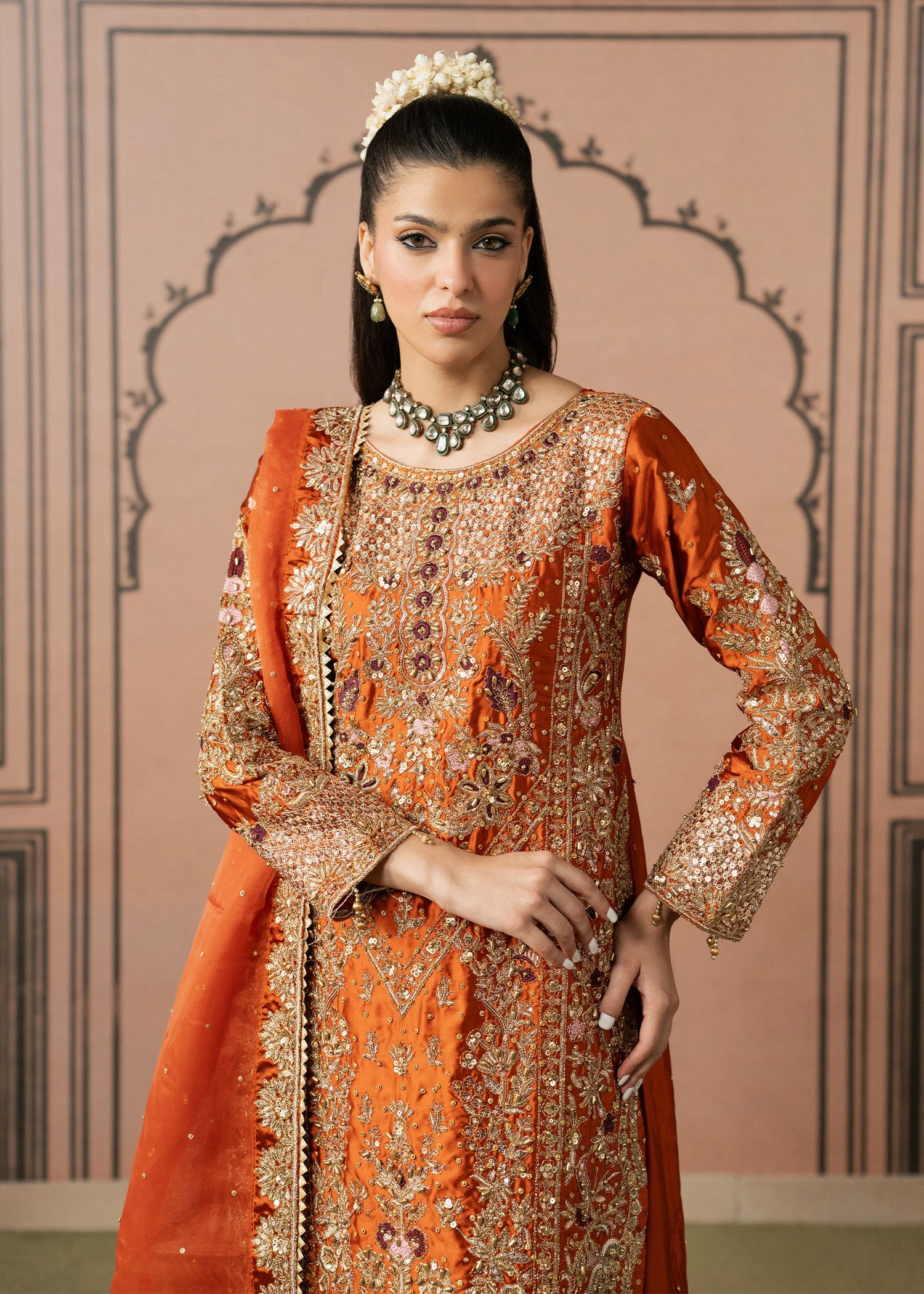 Pakistani Designer Orange Embroidered Shalwar Kameez Online in KSA Riyadh Saudi Arabia Oman Bahrain Qatar