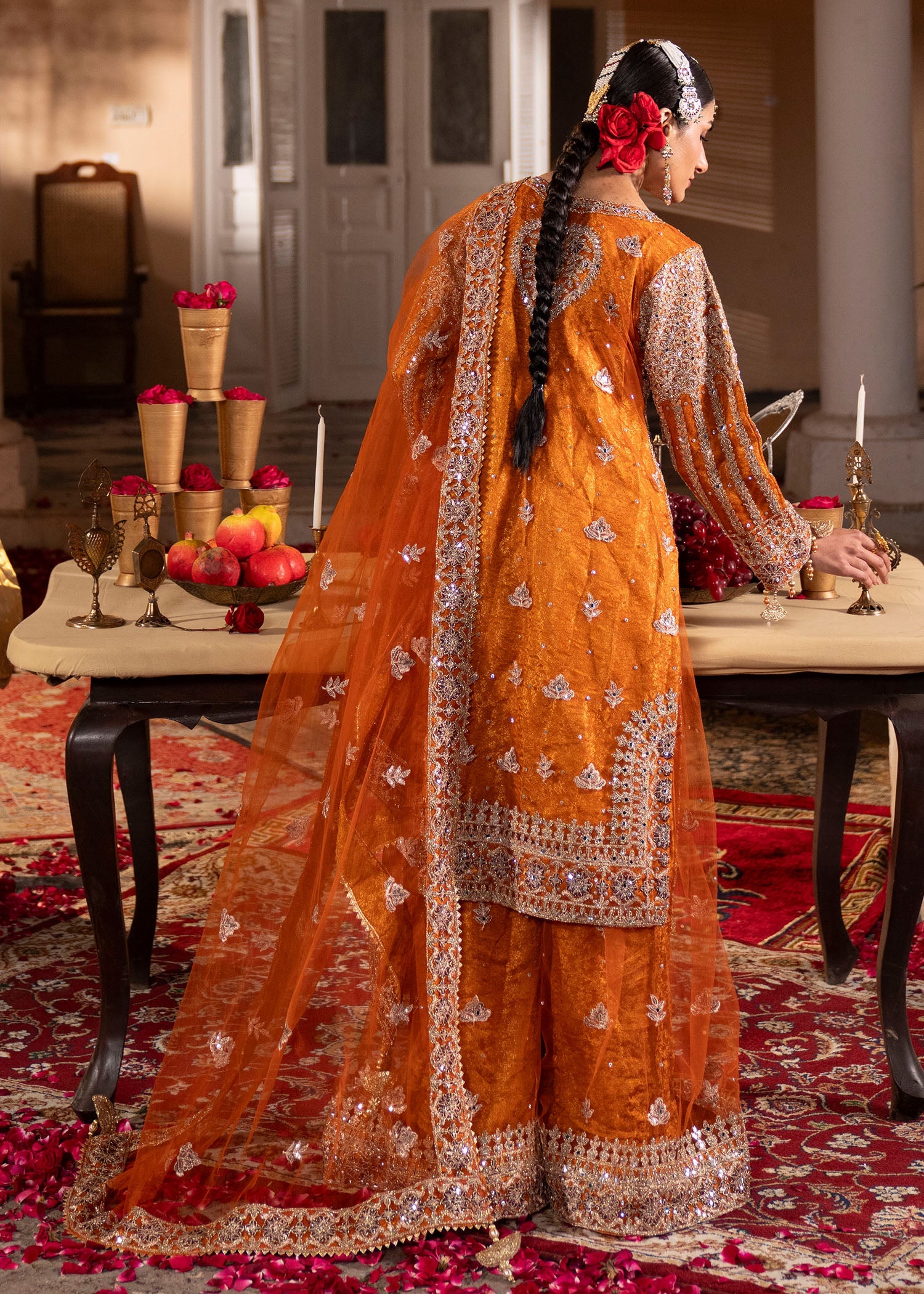 Pakistani Designer Orange Net Sharara Gharara Online in KSA Riyadh Saudi Arabia Oman Bahrain Qatar