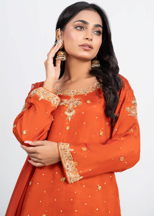 Pakistani Designer Orange Raw Silk Salwar Kameez Online in KSA Riyadh Saudi Arabia Oman Bahrain Qatar