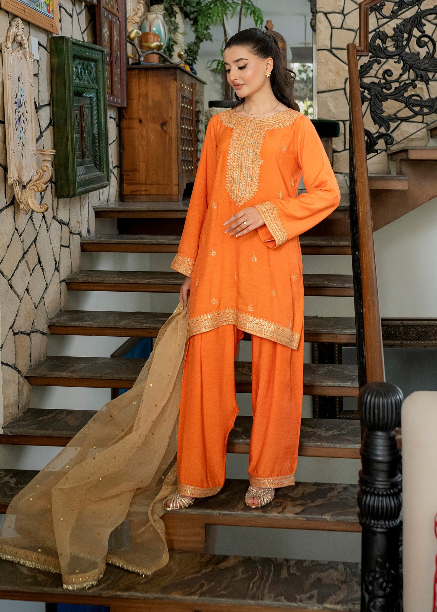 Pakistani Designer Orange Silk Farshi Shalwar Online in KSA Riyadh Saudi Arabia Oman Bahrain Qatar