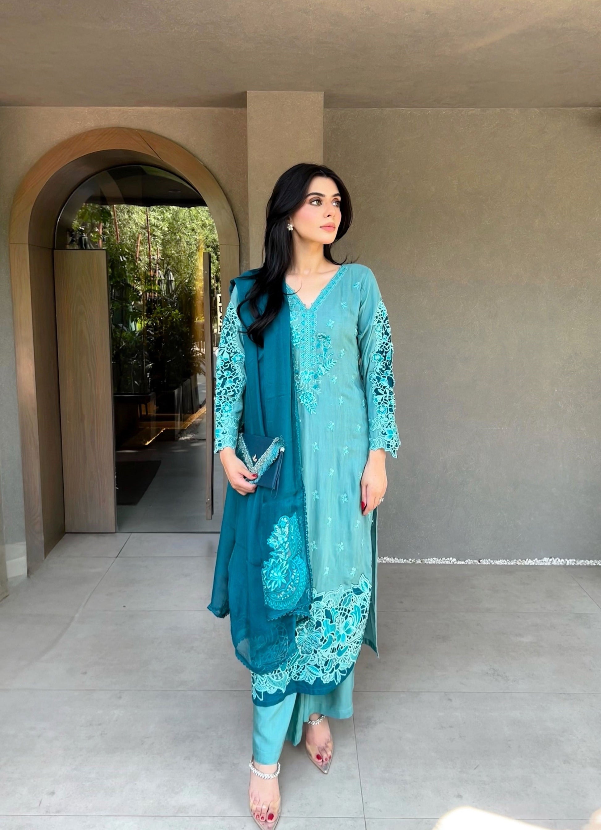 Pakistani Designer Pacific Blue Raw Silk Suit Online in KSA Riyadh Saudi Arabia Oman Bahrain Qatar