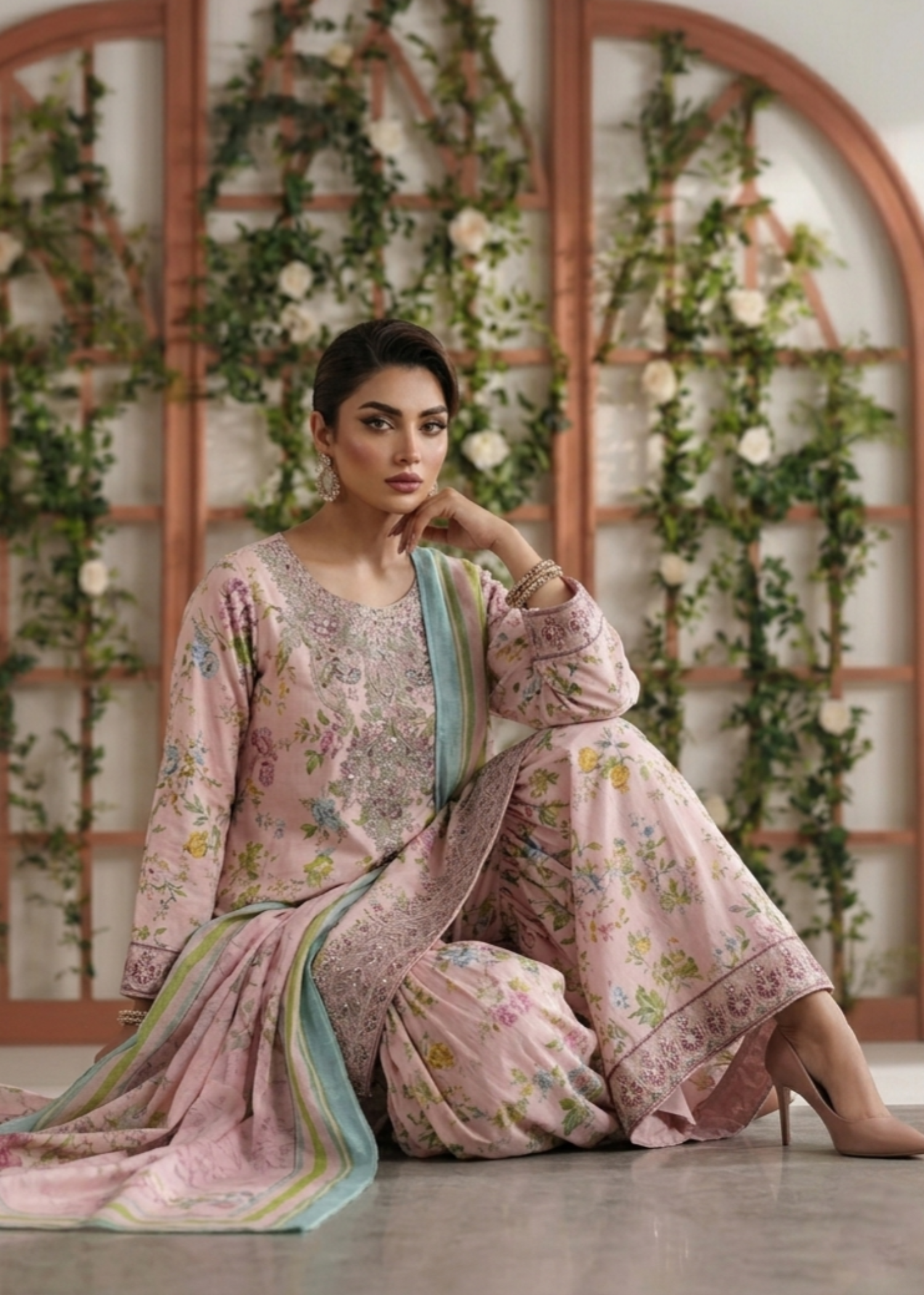 Pakistani Designer Pale Pink Lawn Gharara Online in KSA Riyadh Saudi Arabia Oman Bahrain Qatar