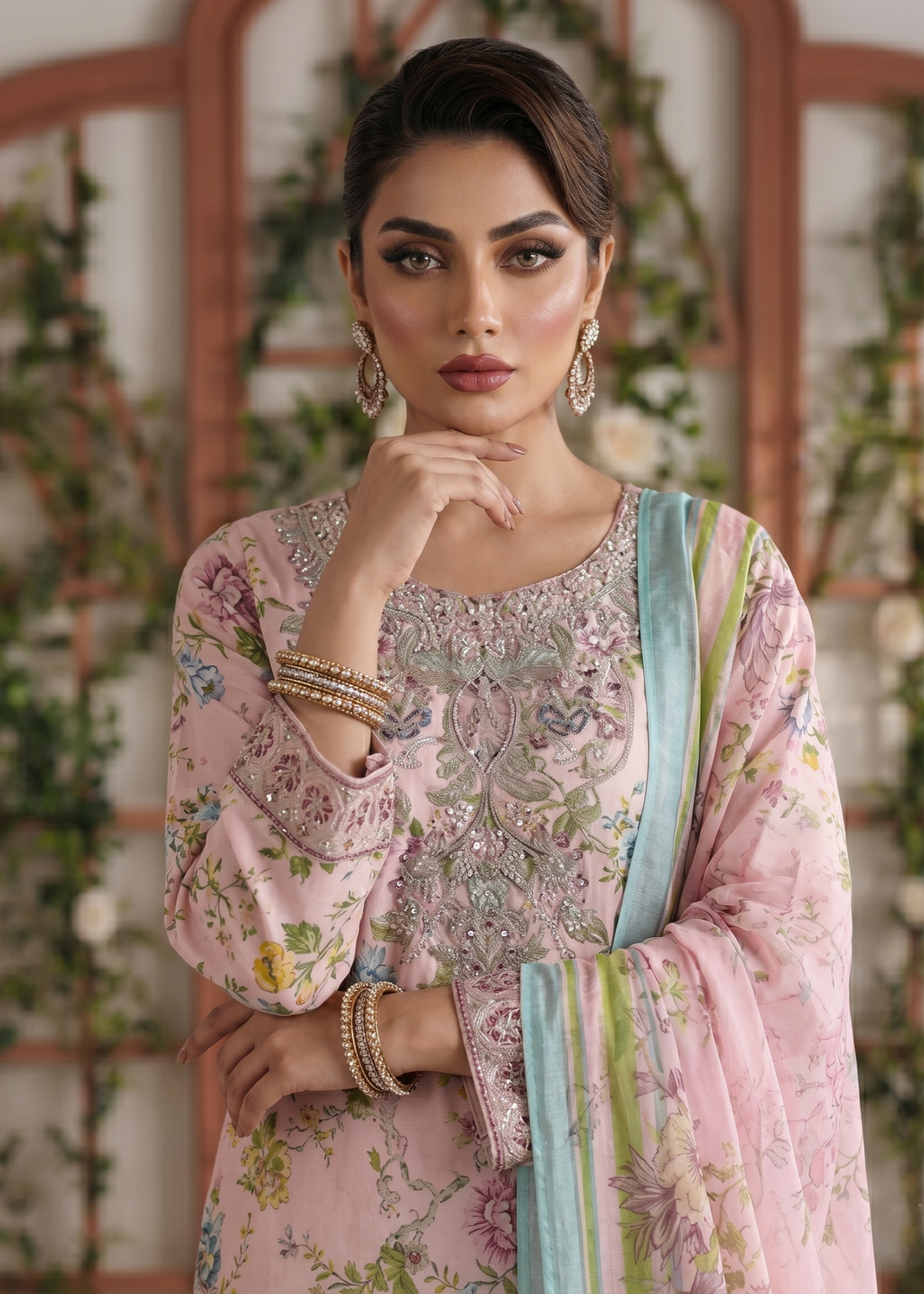 Pakistani Designer Pale Pink Lawn Gharara Online in KSA Riyadh Saudi Arabia Oman Bahrain Qatar