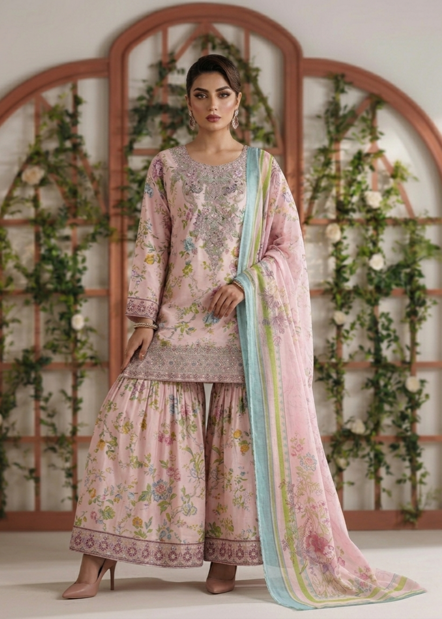 Pakistani Designer Pale Pink Lawn Gharara Online in KSA Riyadh Saudi Arabia Oman Bahrain Qatar