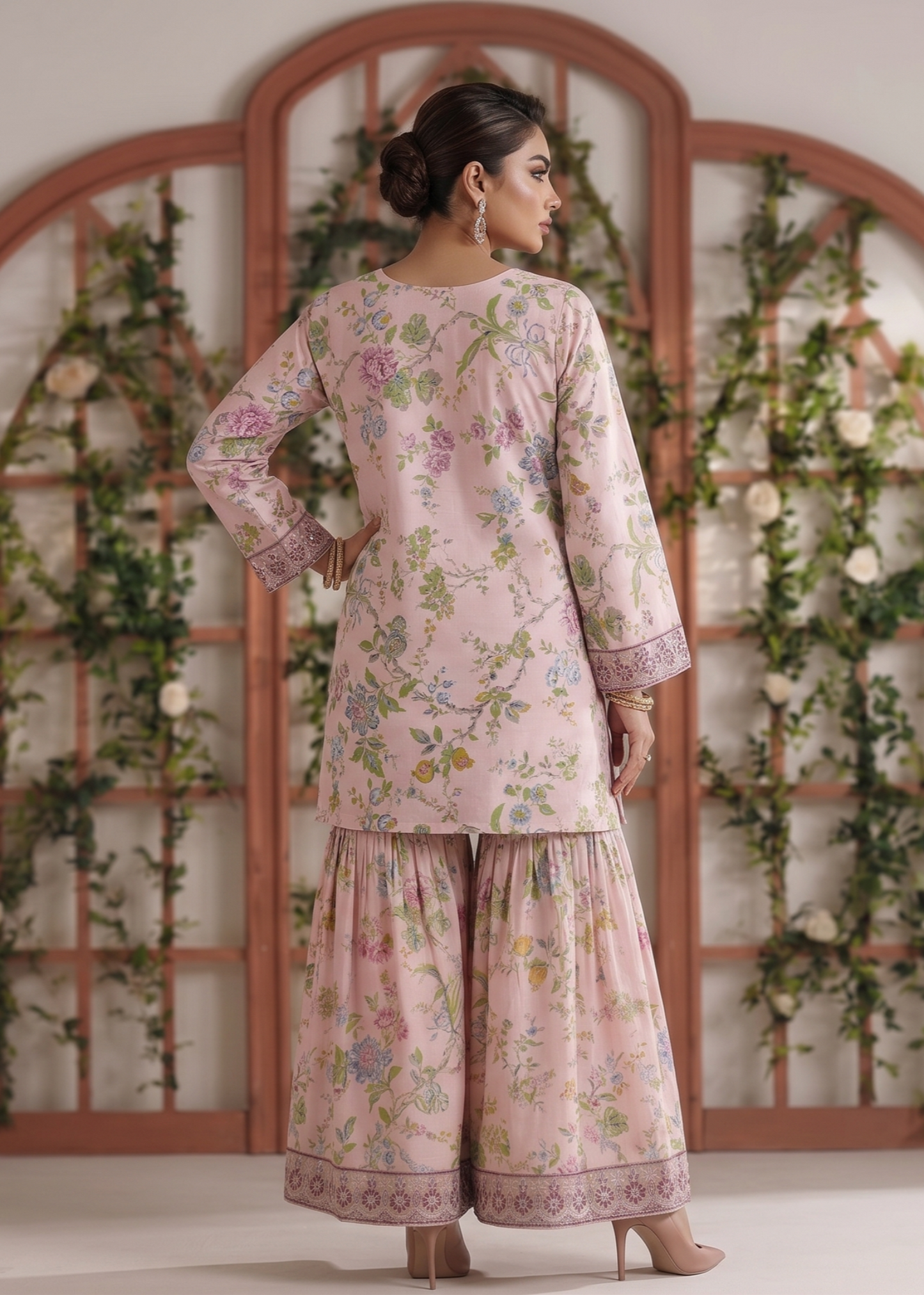 Pakistani Designer Pale Pink Lawn Gharara Online in KSA Riyadh Saudi Arabia Oman Bahrain Qatar