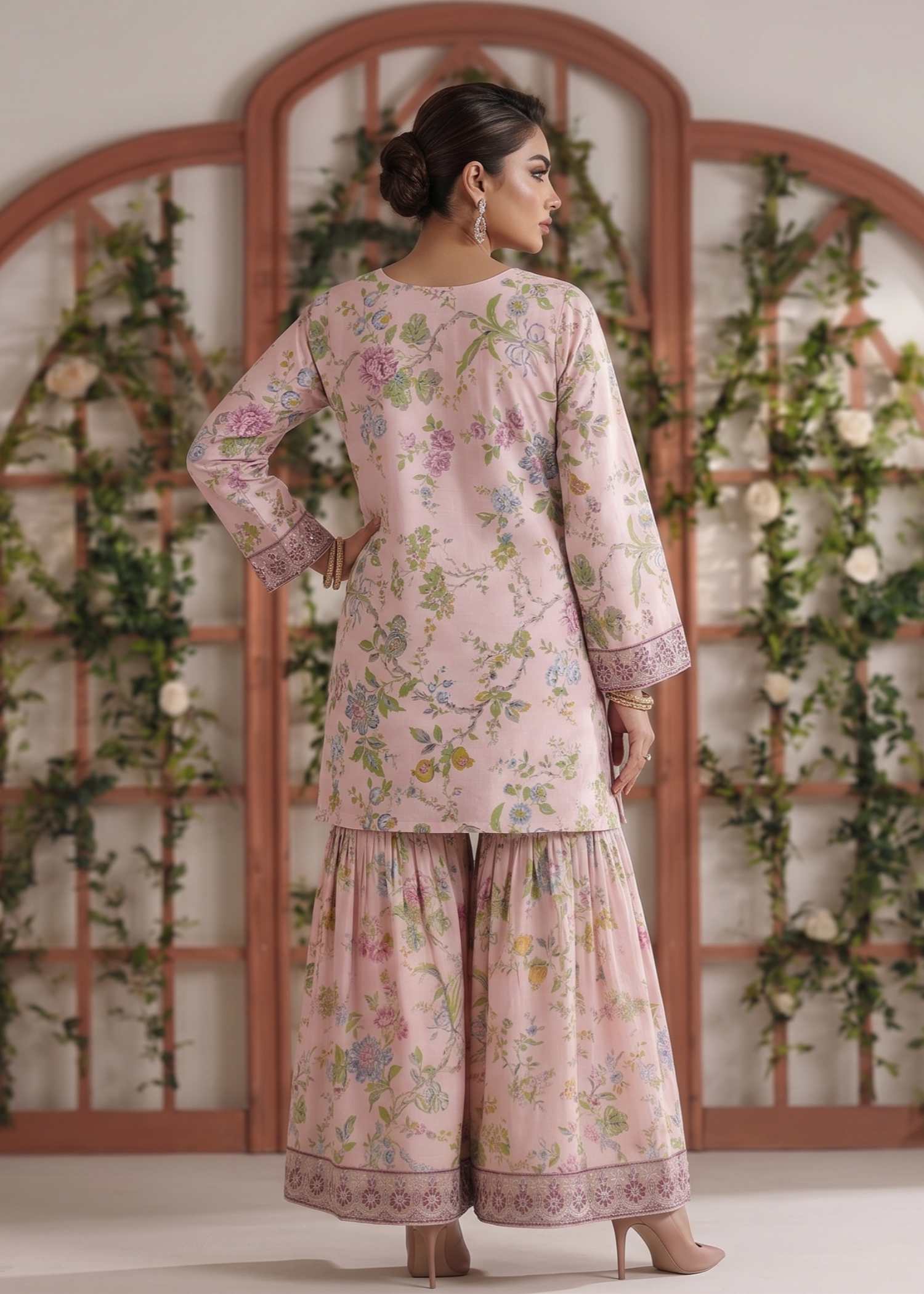 Pakistani Designer Pale Pink Lawn Gharara Online in KSA Riyadh Saudi Arabia Oman Bahrain Qatar