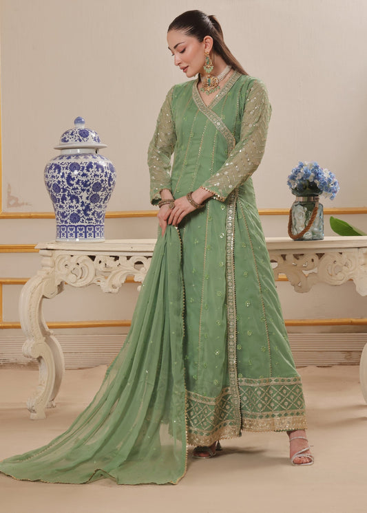 Pakistani Designer Pastel Green Chiffon Salwar Kameez Online in KSA Riyadh Saudi Arabia Oman Bahrain Qatar