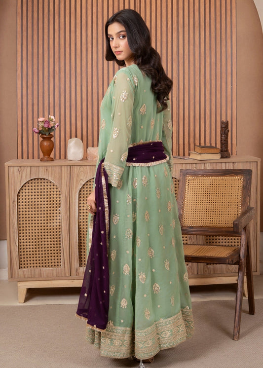 Pakistani Designer Pastel Green Chiffon Salwar Kameez Online in KSA Riyadh Saudi Arabia Oman Bahrain Qatar