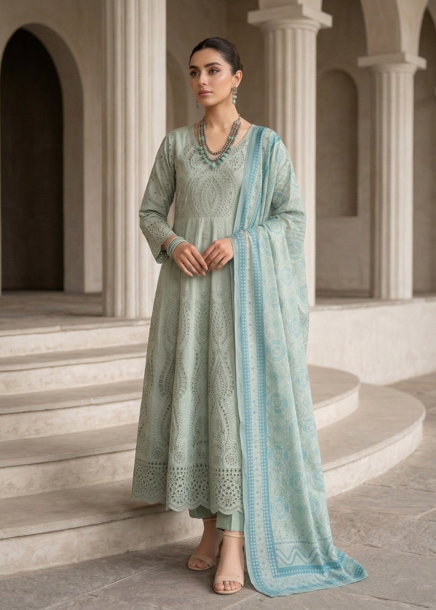Pakistani Designer Pastel Green Cotton Salwar Kameez Online in KSA Riyadh Saudi Arabia Oman Bahrain Qatar