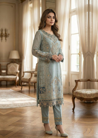 Pakistani Designer Pastel Green Organza Salwar Kameez Online in KSA Riyadh Saudi Arabia Oman Bahrain Qatar