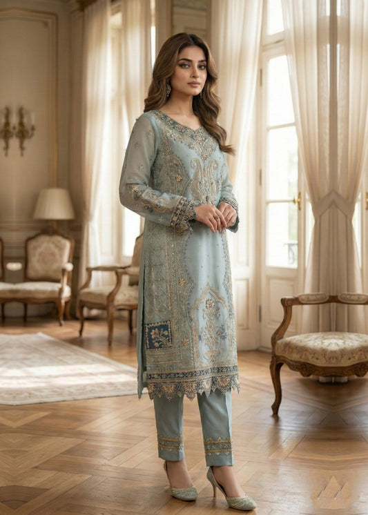 Pakistani Designer Pastel Green Organza Salwar Kameez Online in KSA Riyadh Saudi Arabia Oman Bahrain Qatar