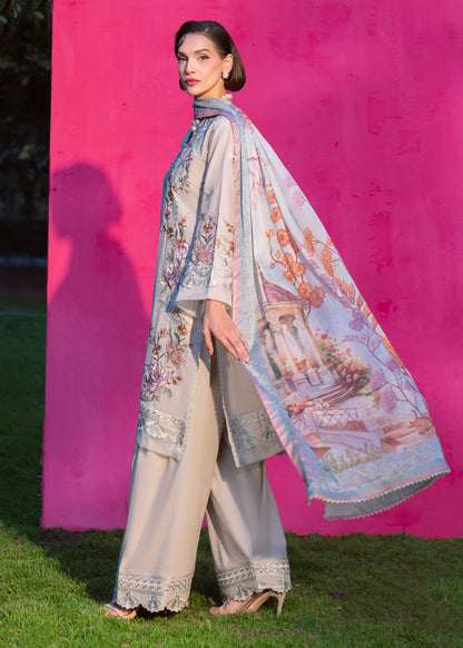 Pakistani Designer Pastel Grey Embroidered Lawn Salwar Kameez Online in KSA Riyadh Saudi Arabia Oman Bahrain Qatar