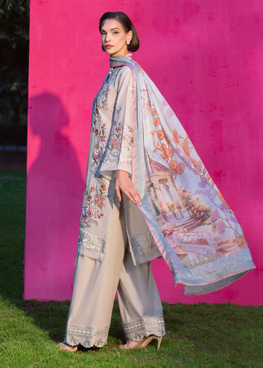 Pakistani Designer Pastel Grey Embroidered Lawn Salwar Kameez Online in KSA Riyadh Saudi Arabia Oman Bahrain Qatar