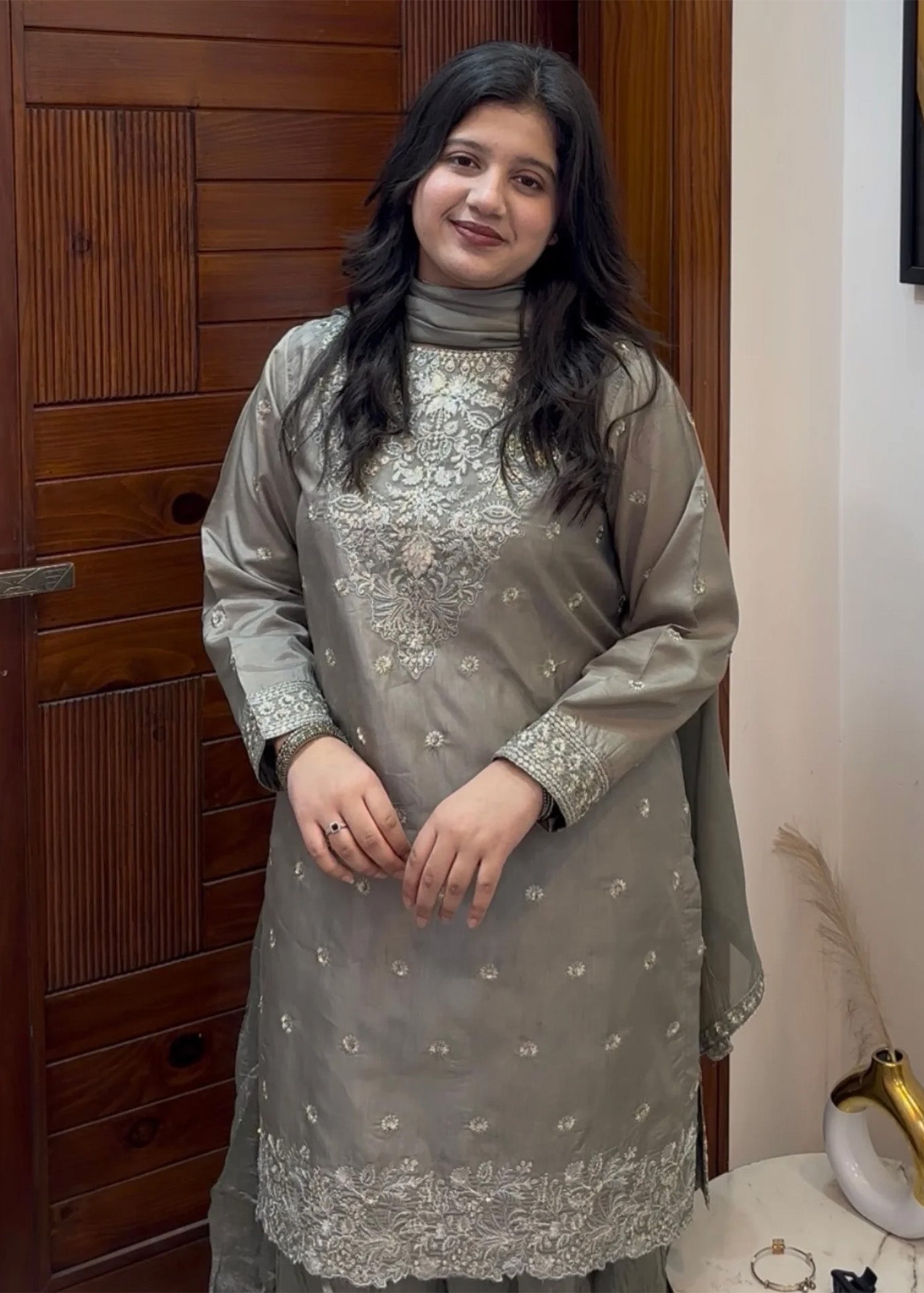 Pakistani Designer Pastel Grey Sharara Suit Online in KSA Riyadh Saudi Arabia Oman Bahrain Qatar