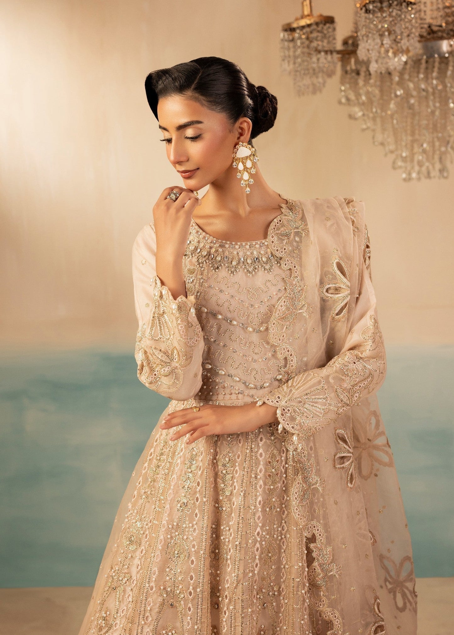 Pakistani Designer Pastel Pink Organza Salwar Kameez Online in KSA Riyadh Saudi Arabia Oman Bahrain Qatar