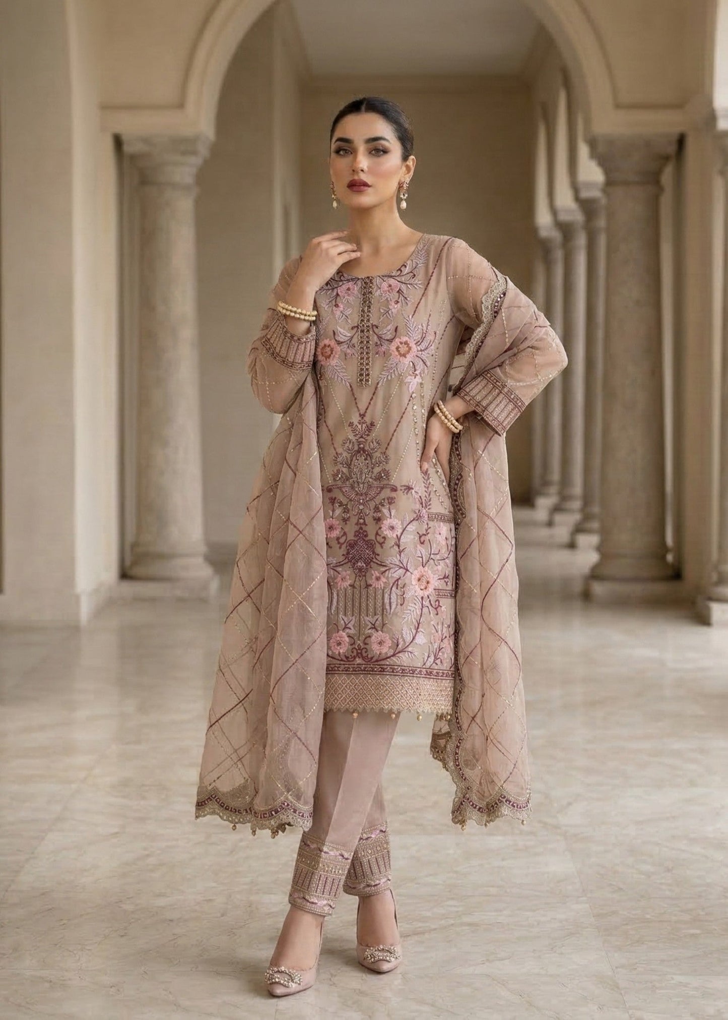 Pakistani Designer Pastel Pink Organza Salwar Kameez Online in KSA Riyadh Saudi Arabia Oman Bahrain Qatar