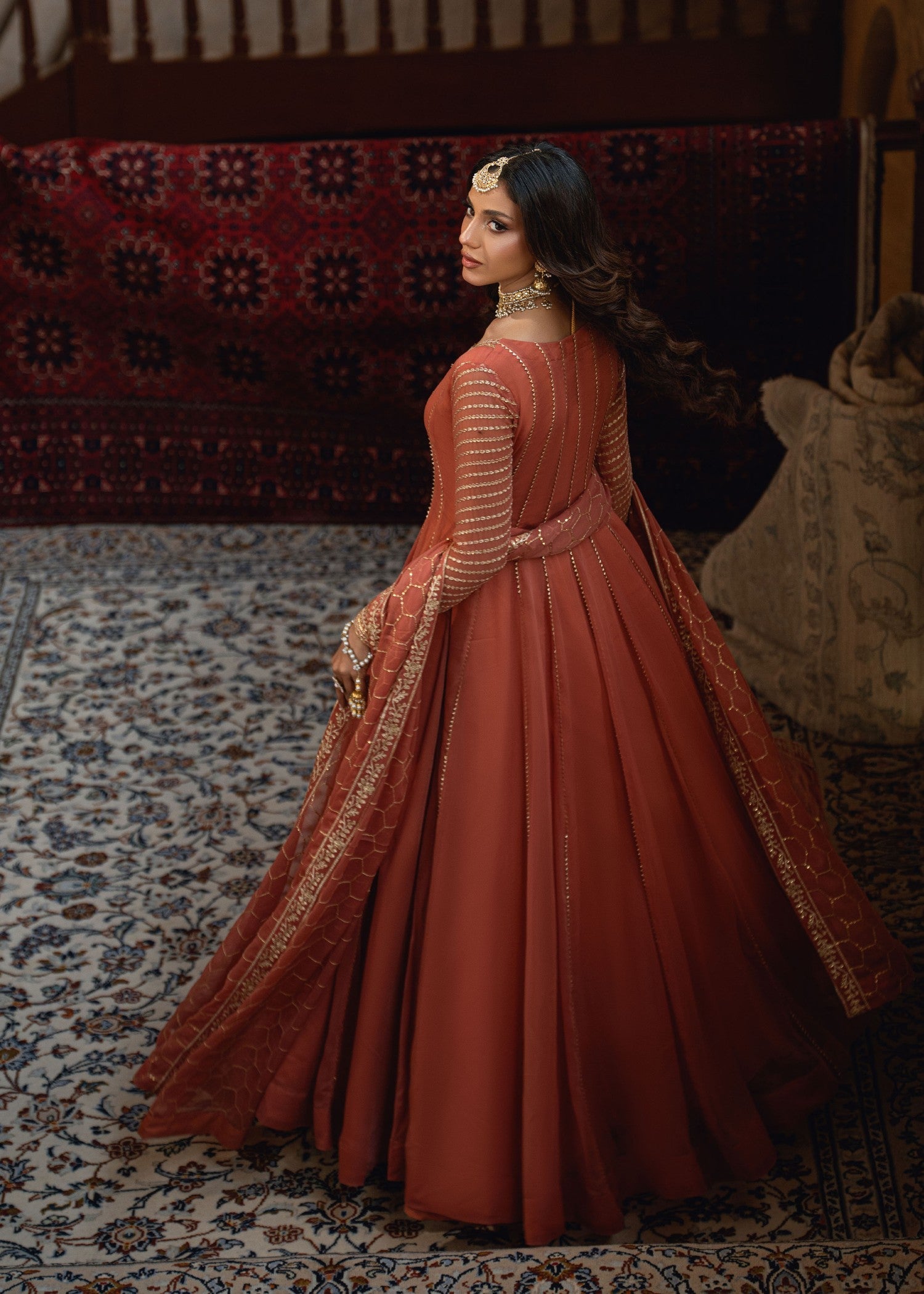 Pakistani Designer Peach Chiffon Salwar Kameez Online in KSA Riyadh Saudi Arabia Oman Bahrain Qatar
