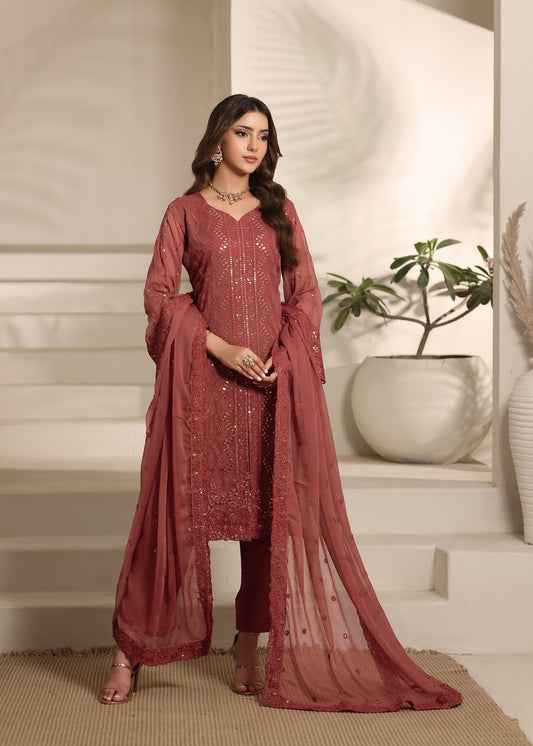 Pakistani Designer Peach Chiffon Salwar Kameez Online in KSA Riyadh Saudi Arabia Oman Bahrain Qatar