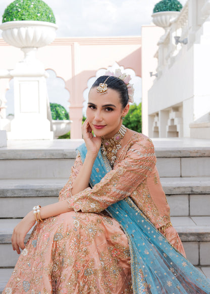 Pakistani Designer Peach Chiffon Salwar Kameez Online in KSA Riyadh Saudi Arabia Oman Bahrain Qatar