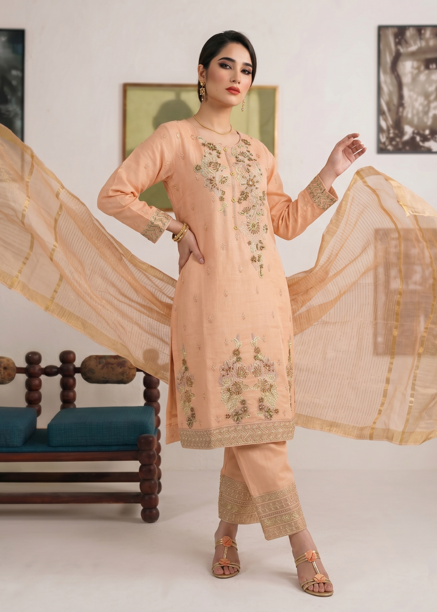 Pakistani Designer Peach Cotton Salwar Kameez Online in KSA Riyadh Saudi Arabia Oman Bahrain Qatar
