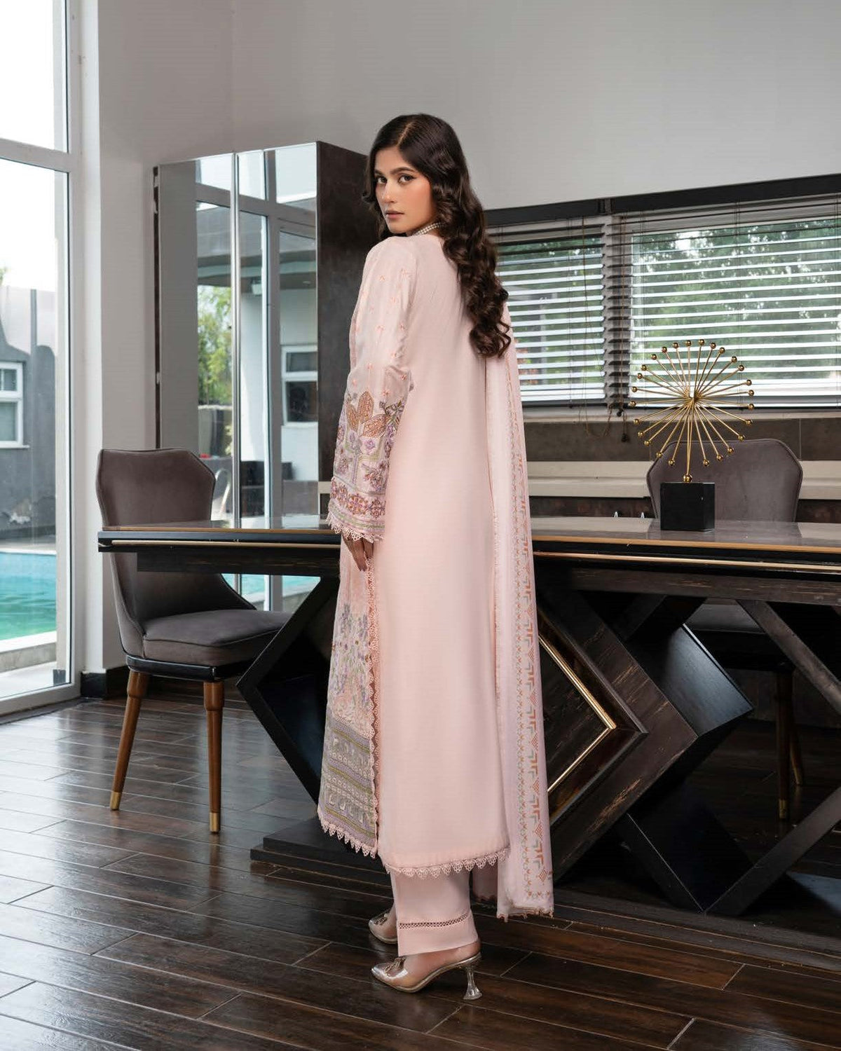 Pakistani Designer Peach Dhanak Shalwar Kameez Online in KSA Riyadh Saudi Arabia Oman Bahrain Qatar