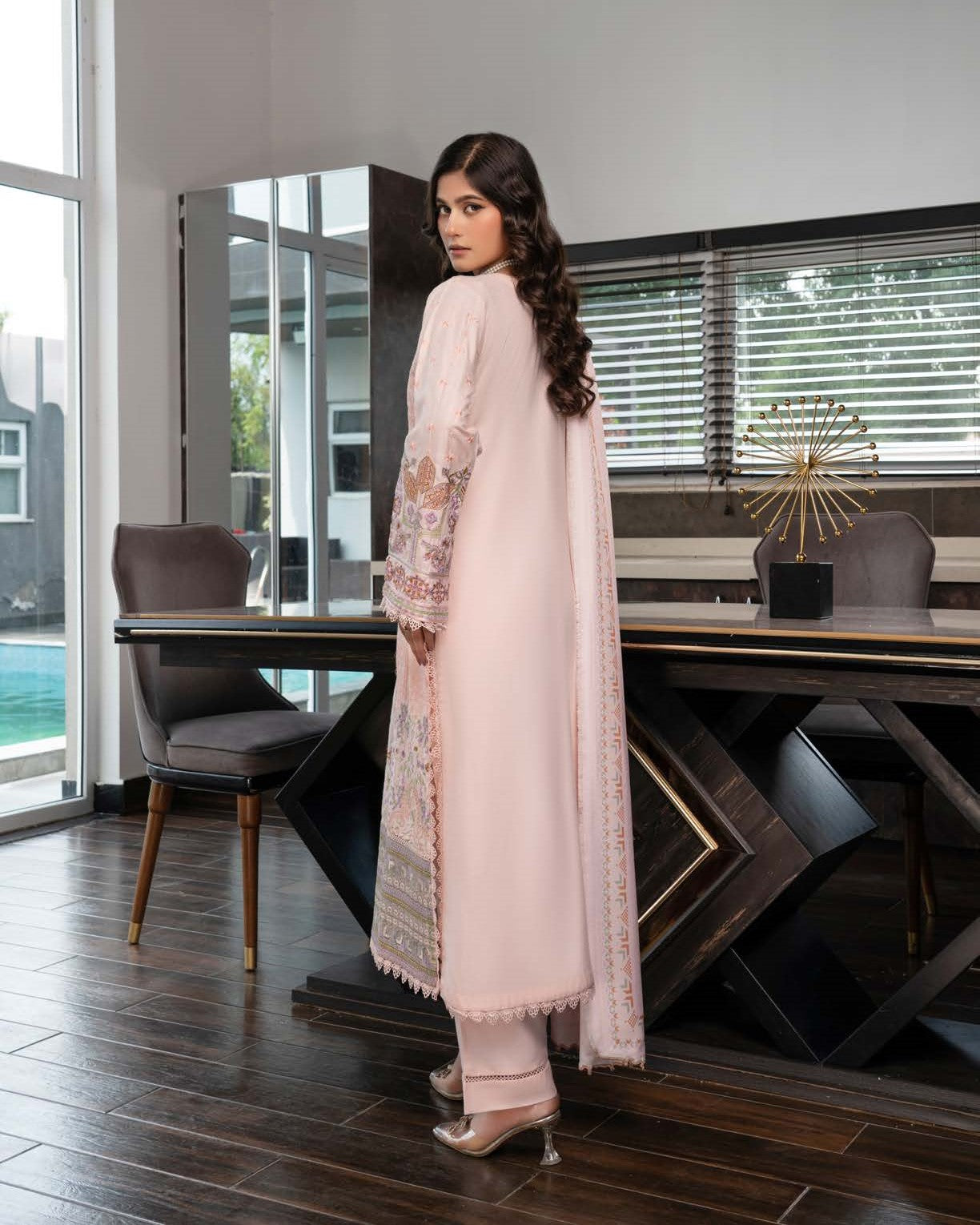 Pakistani Designer Peach Dhanak Shalwar Kameez Online in KSA Riyadh Saudi Arabia Oman Bahrain Qatar